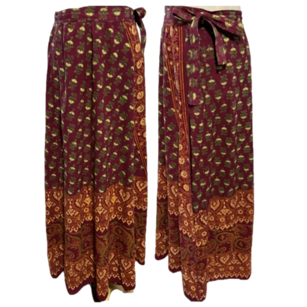 60s PAISLEY FLORAL WRAP SKIRT TIE WAIST BURGUNDY COTTON HIPPIE MAXI SKIRT EUC 10